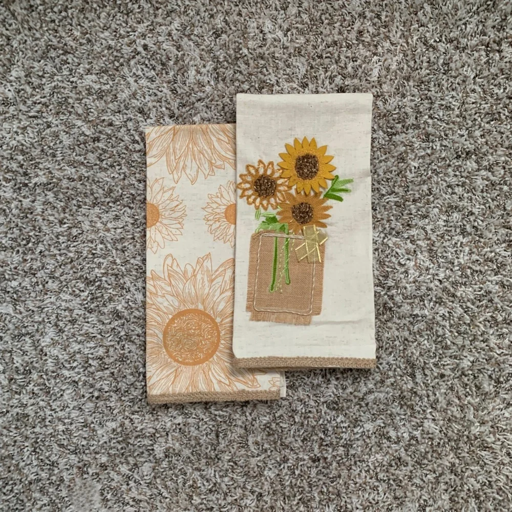 Tahari Pretty Sunflower Kitchen Towels Flower Embroidery Southern Decor Set of 2